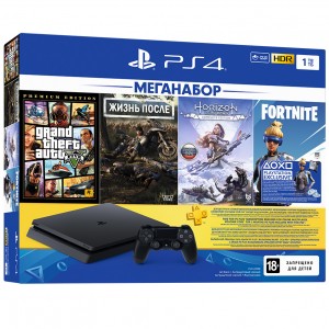 PlayStation 4 Slim 1Tb (б/у) + GTA 5, Жизнь После, Horizon: Zero Dawn, Fortnite