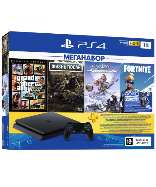 PlayStation 4 Slim 1Tb (б/у) + GTA 5, Жизнь После, Horizon: Zero Dawn, Fortnite